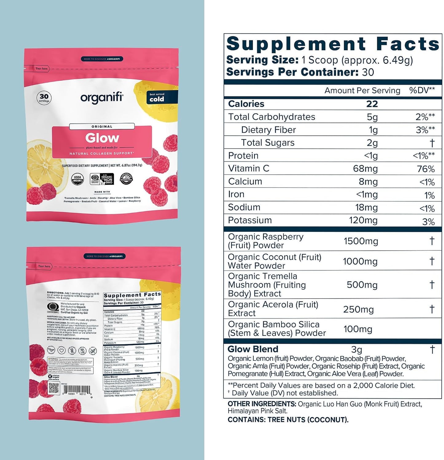 Organifi Glow - Vegan Collagen Powder for Women - Organic Flavored Water Ingredient, 30 Servings