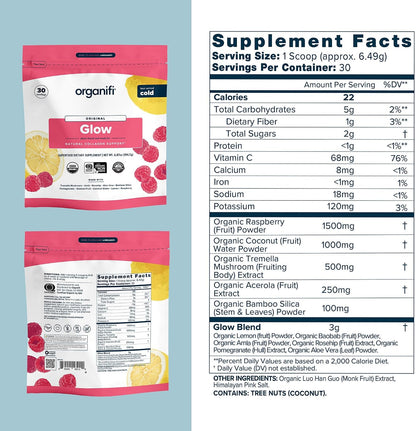 Organifi Glow - Vegan Collagen Powder for Women - Organic Flavored Water Ingredient, 30 Servings