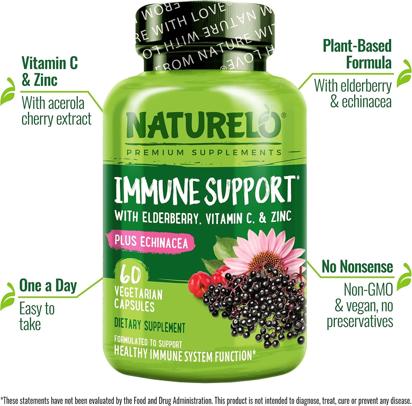 NATURELO Immune Support – Vitamin C, Elderberry, Zinc, Echinacea – Natural Immunity Boost w/Antioxidant, Herbal & Mineral Defense - 60 Vegan Capsules