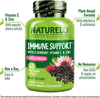 NATURELO Immune Support – Vitamin C, Elderberry, Zinc, Echinacea – Natural Immunity Boost w/Antioxidant, Herbal & Mineral Defense - 60 Vegan Capsules