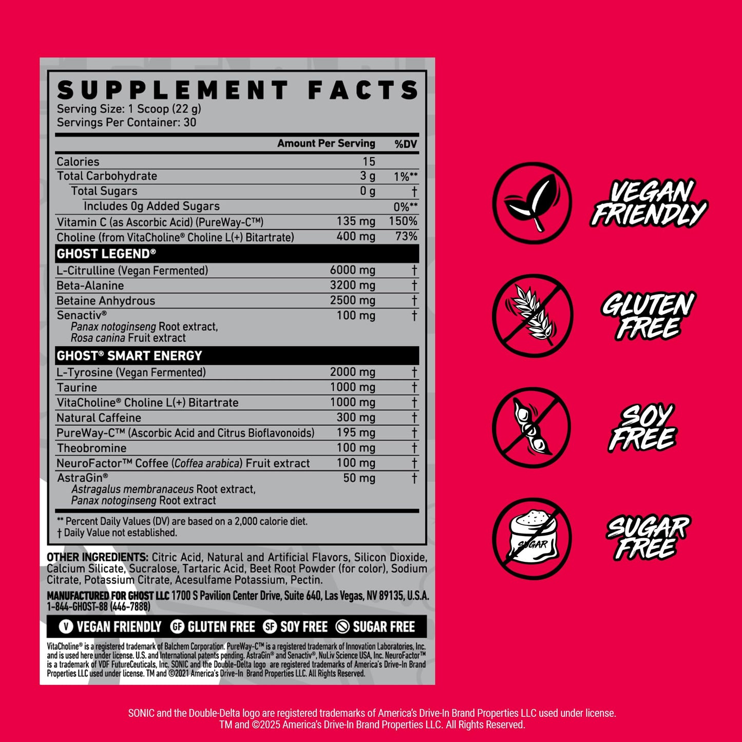 GHOST Legend Pre Workout Powder, Sonic Cherry Limeade - 30 Servings – Pre-Workout for Men & Women with Choline, L-Citrulline, & Beta Alanine for Energy & Focus