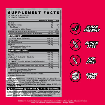 GHOST Legend Pre Workout Powder, Sonic Cherry Limeade - 30 Servings – Pre-Workout for Men & Women with Choline, L-Citrulline, & Beta Alanine for Energy & Focus