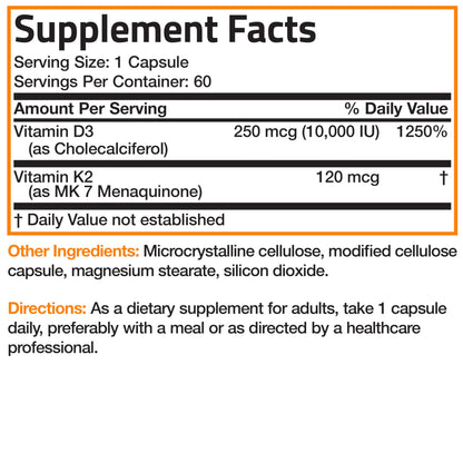 Bronson Vitamin K2 D3 (MK7) Extra Strength D3 & K2 Complex, 120 Capsules | Bone, Immune & Heart Health Support, Gluten Free, Soy Free, Non-GMO, Vitamin D3 10,000IU (250 mcg) & 120 mcg K2 MK-7