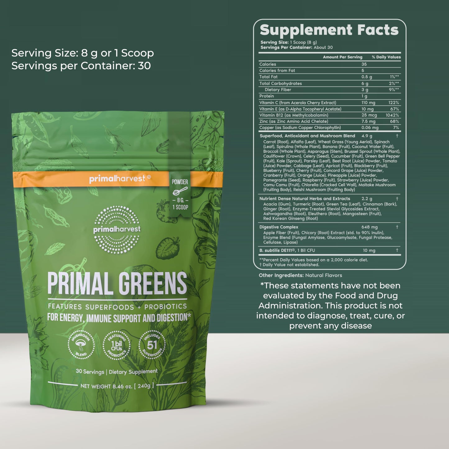 Primal Harvest Greens - Daily Supplement Powder, Gluten, Dairy & Soy Free