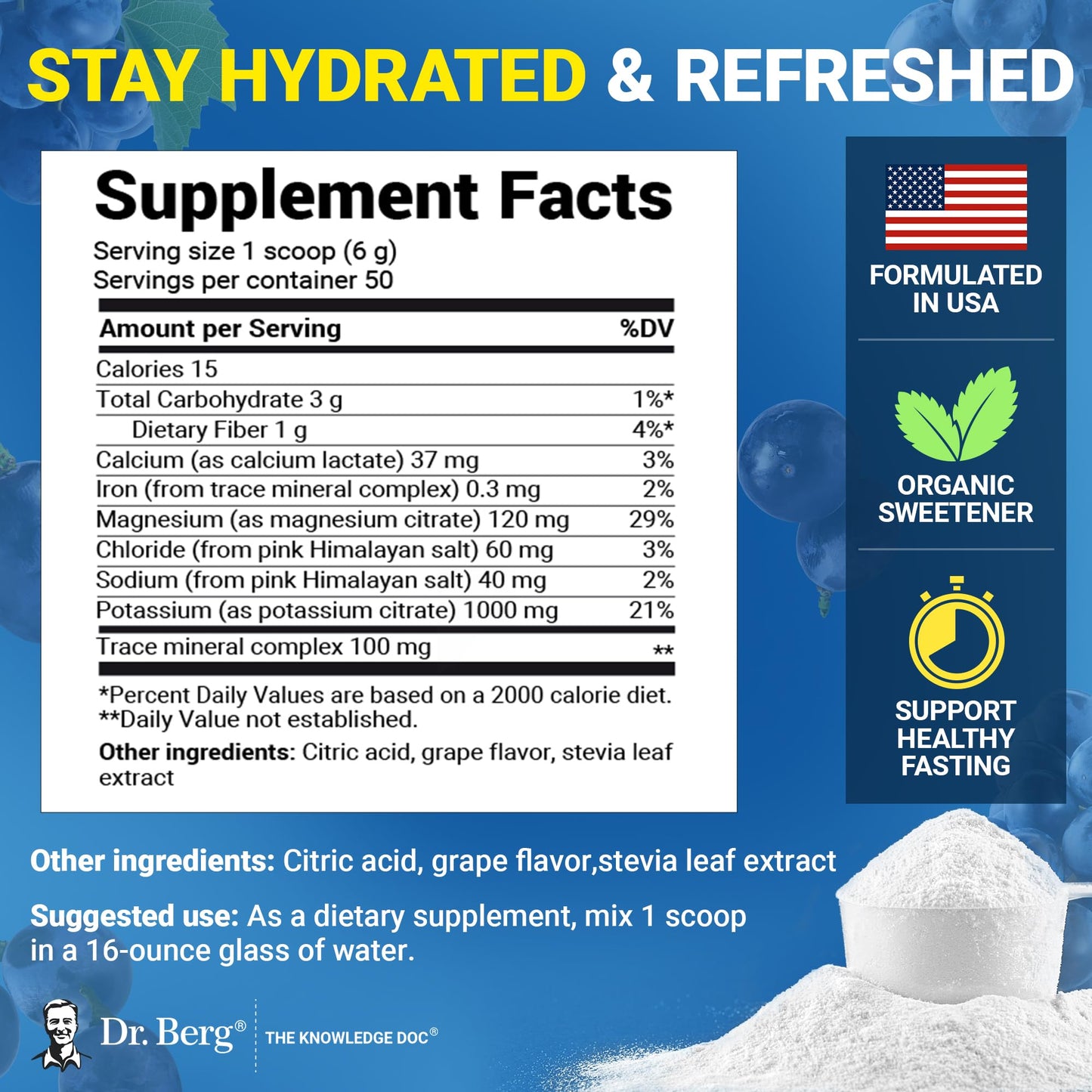 Dr. Berg Zero Sugar Hydration Keto Electrolyte Powder - Enhanced w/ 1000 mg of Potassium & Real Pink Himalayan Salt (NOT Table Salt) - Raspberry & Lemon Flavor Hydration Drink Supplement, 100 Servings