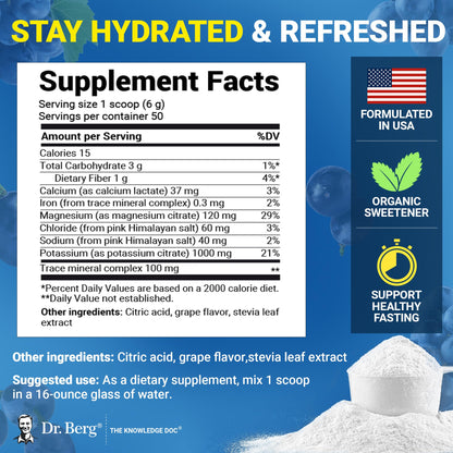 Dr. Berg Zero Sugar Hydration Keto Electrolyte Powder - Enhanced w/ 1000 mg of Potassium & Real Pink Himalayan Salt (NOT Table Salt) - Raspberry & Lemon Flavor Hydration Drink Supplement, 100 Servings