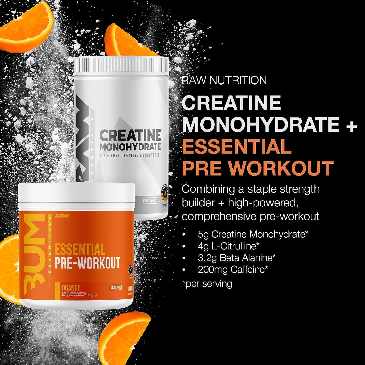 RAW Nutrition Creatine Monohydrate & Orange Pre-Workout Powder Bundle