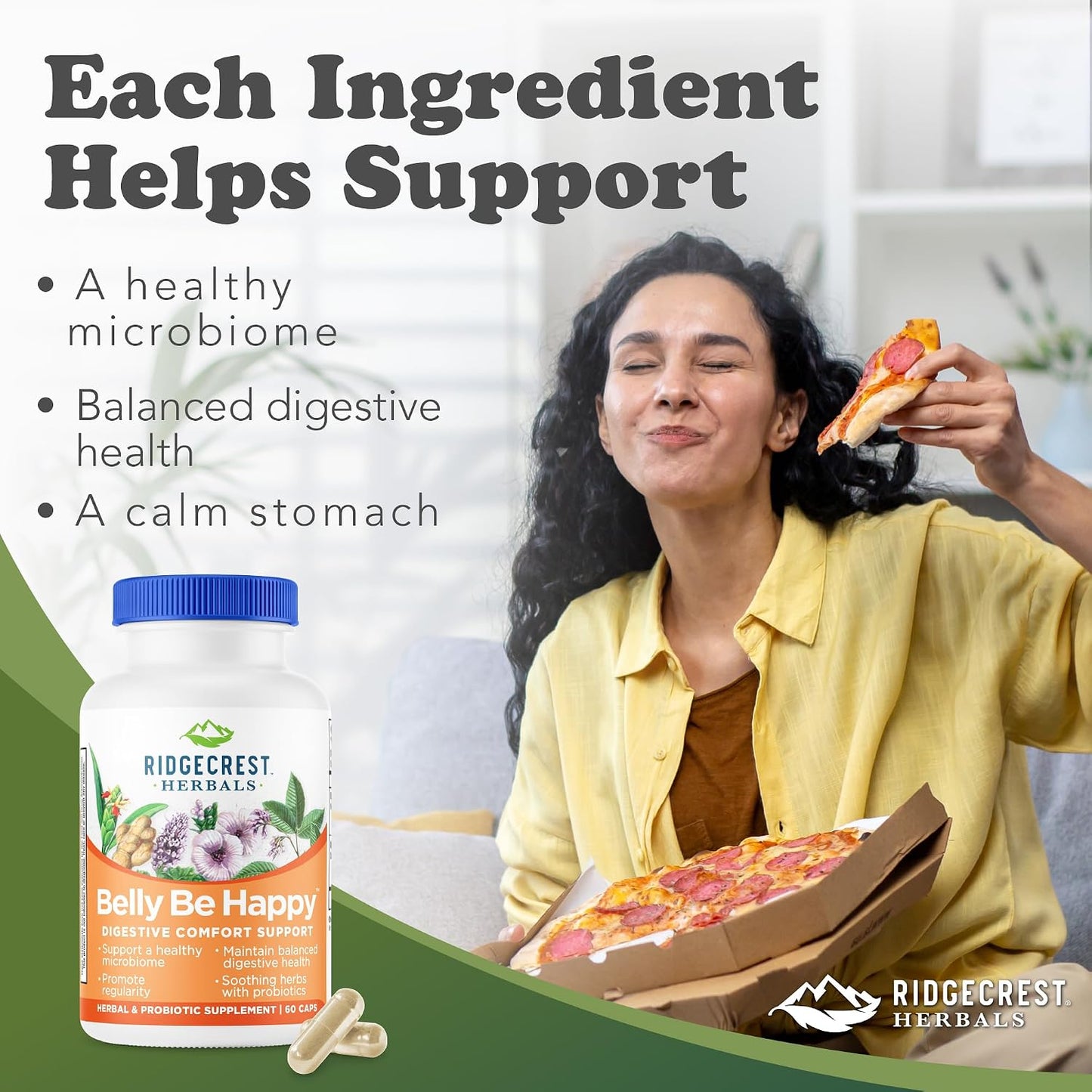 RidgeCrest Herbals Belly Be Happy Probiotic Gut Health Formula 60 Ct | 30 Servings, 4 Billion CFUs, Ginger Root, Peppermint, Slippery Elm, Daily Digestive Comfort and Gut Wellness Blend