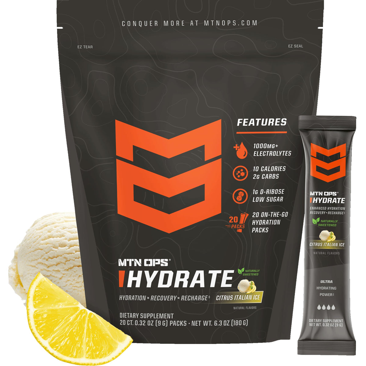 MTN OPS Hydrate Sugar Free Electrolyte Packets, Mango Peach