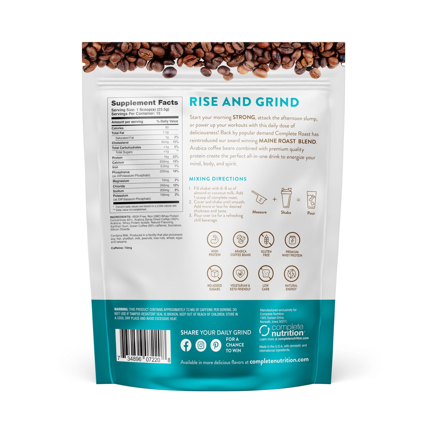 High Protein Complete Roast French Vanilla Coffee, 16 g of Quality Protein, 0 g Carbs, Zero Sugar, 1 Shots of Espresso, Keto Friendly, All Natural, 15 Servings, 12.7 Oz