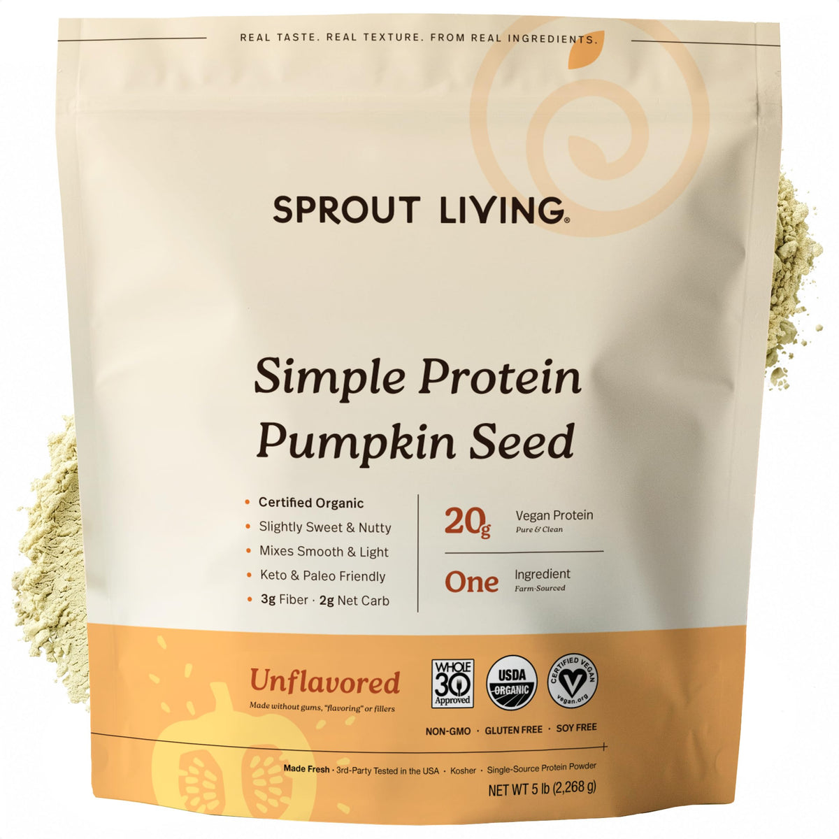Sprout Living Organic Pumpkin Seed Protein Powder, Unflavored, 20 Grams of Plant Based Protein Powder Without Artificial Sweeteners, Non Dairy, Non-GMO, Vegan, Gluten Free (1 Pound, 14 Servings)