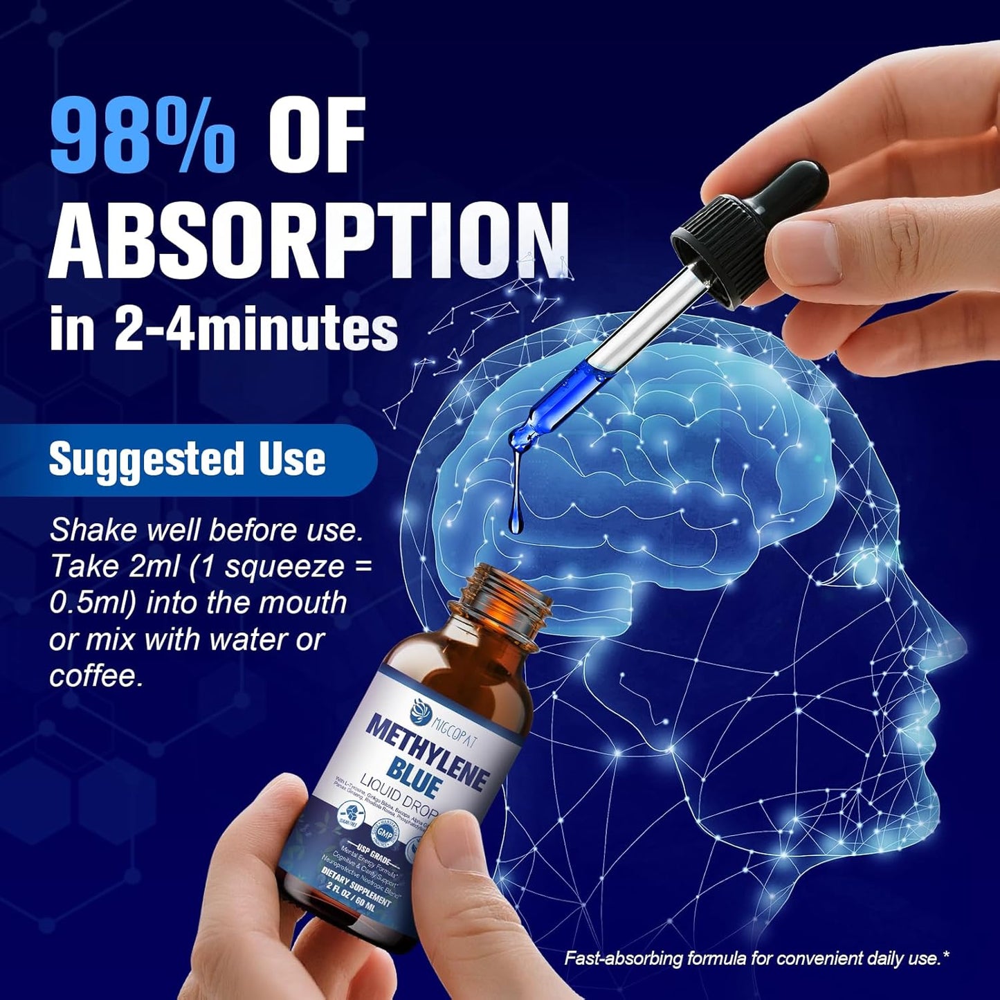 Migcopat Methylene Blue Drops, with Alpha GPC, Lion’s Mane & Bacopa, 2 fl oz