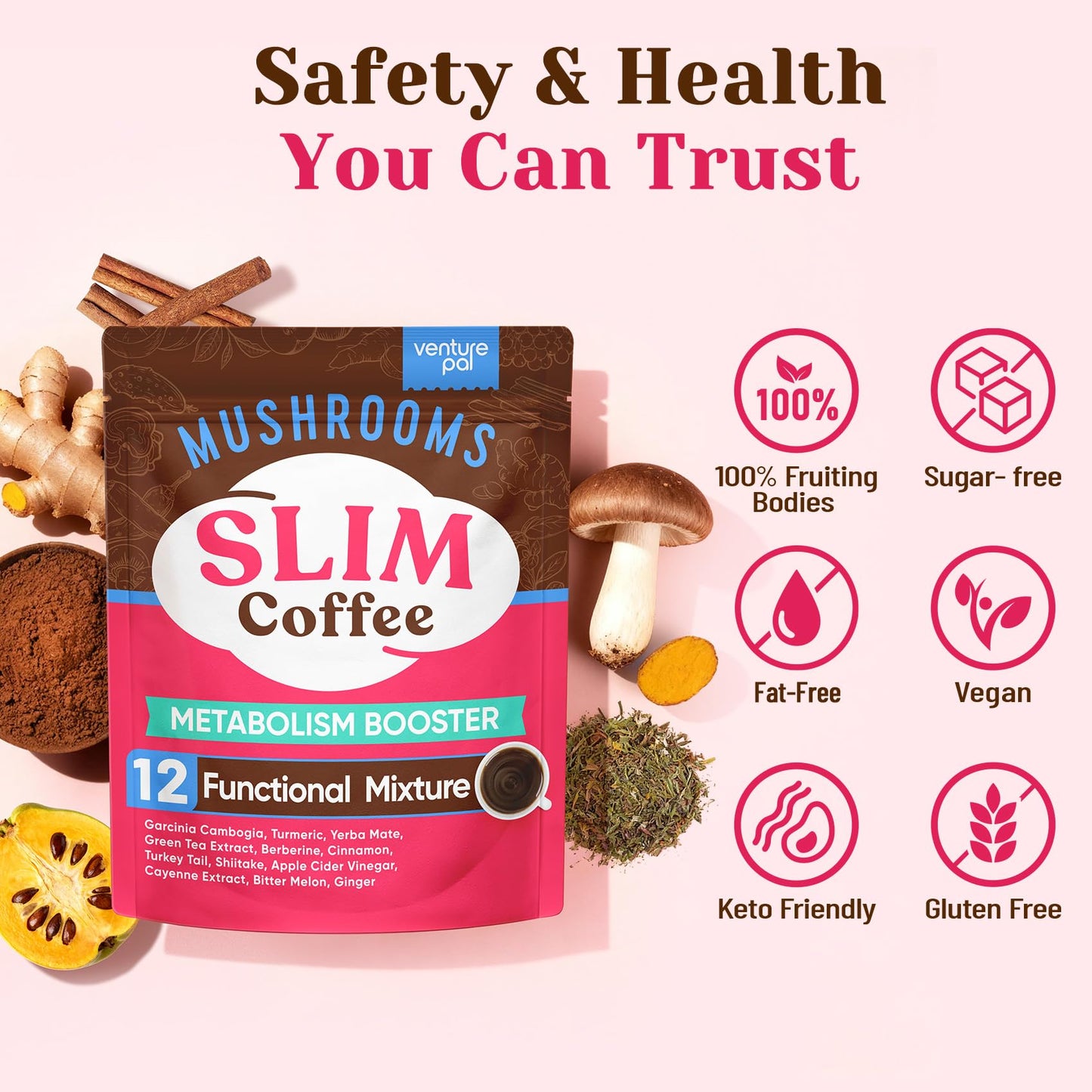 Venture Pal Mushroom Coffee, 12 Mushrooms, Focus & Digestion, 40 Servings | 12 Adaptogenic Mushrooms with Lion's Mane, Cordyceps, Reishi, Turkey Tail, Ashwagandha & Probiotics, Low Caffeine & Calories