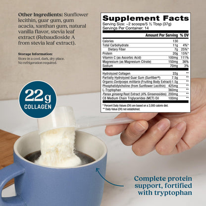 Bulletproof Energy Collagen Protein Powder, Vanilla Bean, 20g Grass-Fed Collagen Peptides, 7g Fiber with MCT Oil & Adaptogens, Caffeine-Free, 18.3 Ounces