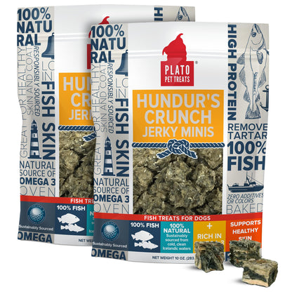 PLATO Pet Treats Fish Dog Treats - Air-Dried, Single Ingredient Dog Treat - with Omega 3 & 6 Fatty Acids to Support Skin and Coat - Cod Fish Skin - Hundur’s Crunch Jerky Mini - 10 oz - 2 Pack