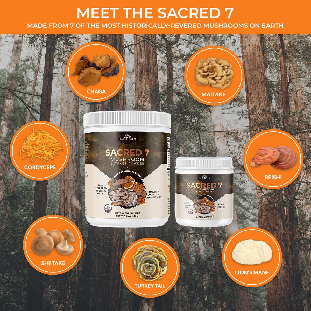 Naturealm Sacred 7 Mushroom Extract Powder - USDA Organic - Lion's Mane, Reishi