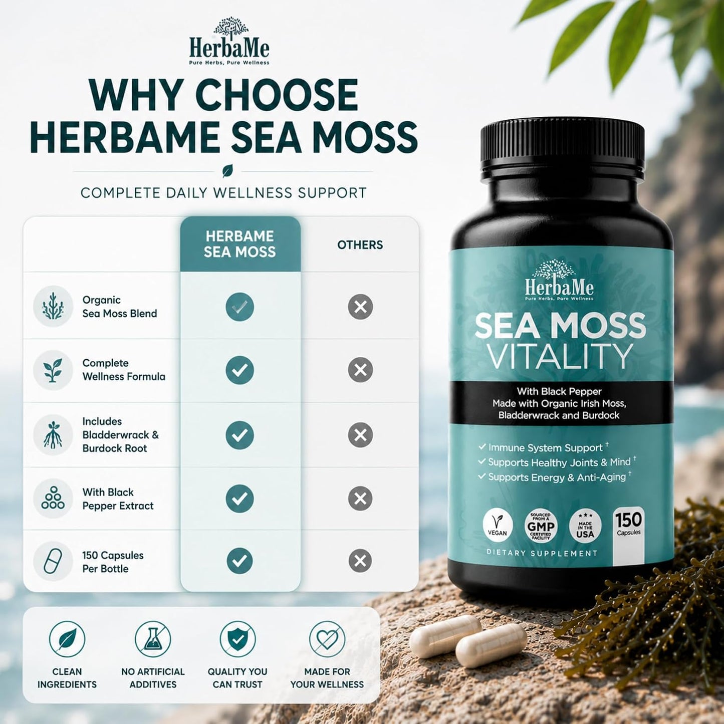 HerbaMe Organic Sea Moss Supplement with Bladderwrack & Burdock Root, Irish Moss with Black Pepper Extract, Daily Mineral Support for Energy & Wellness, Immune Support for Men & Women, 150 Capsules