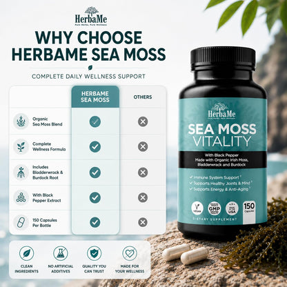 HerbaMe Organic Sea Moss Supplement with Bladderwrack & Burdock Root, Irish Moss with Black Pepper Extract, Daily Mineral Support for Energy & Wellness, Immune Support for Men & Women, 150 Capsules