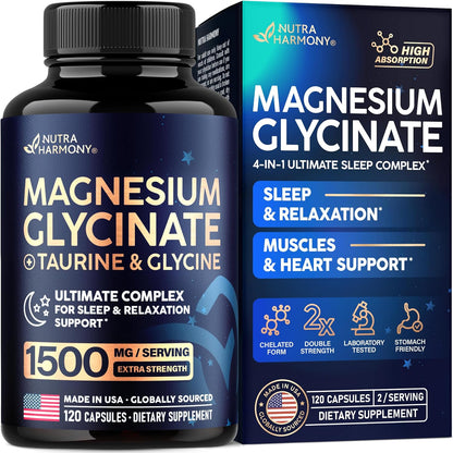 Magnesium Glycinate - Sleep & Relaxation Support - Extra Strength Glycinate, Glycine & Taurine 1500 mg - Magnesium Supplement for Women & Men - Chelated & High Absorption - Lab Tested - 120 Capsules