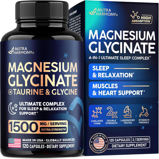 Magnesium Glycinate - Sleep & Relaxation Support - Extra Strength Glycinate, Glycine & Taurine 1500 mg - Magnesium Supplement for Women & Men - Chelated & High Absorption - Lab Tested - 120 Capsules
