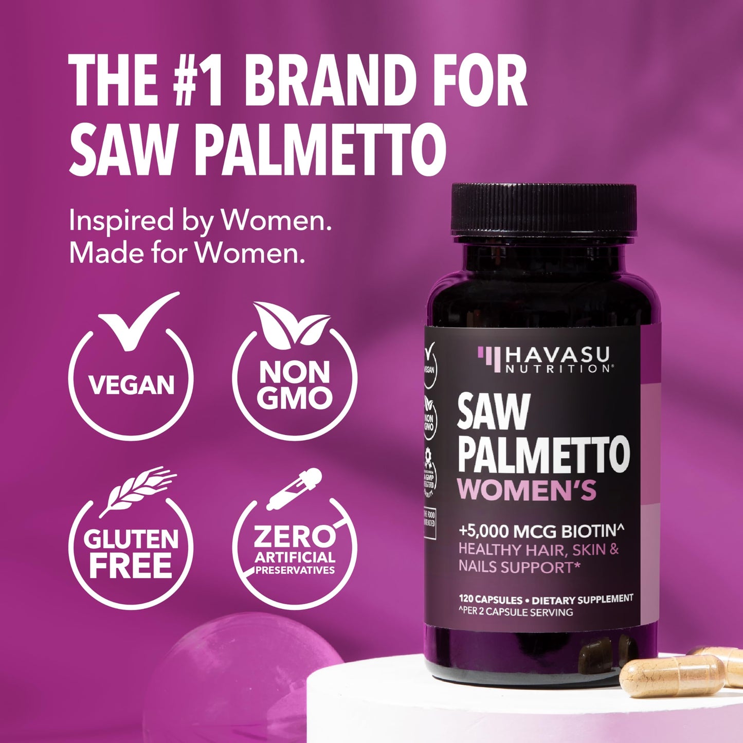 Saw Palmetto for Women with Bitoin 5000mcg Per Serving, 30-Day Supply | Vegan, Non-GMO DHT Blocker for Women for Hair, Skin and Nails, Saw Palmetto Extract with Biotin for Thicker Looking Hair
