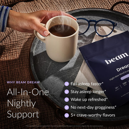 BEAM Dream Sleep Powder – Magnesium Sleep Aid for Adults with Melatonin, L-Theanine, Reishi Mushroom & Apigenin, Sleep Supplement, Sleep Cocoa Hot Chocolate Drink Mix, Brownie Batter, 30 Servings