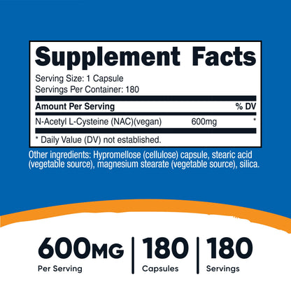 Nutricost N-Acetyl L-Cysteine (NAC) 600mg, 180 Capsules | GMO-Free And Gluten Free