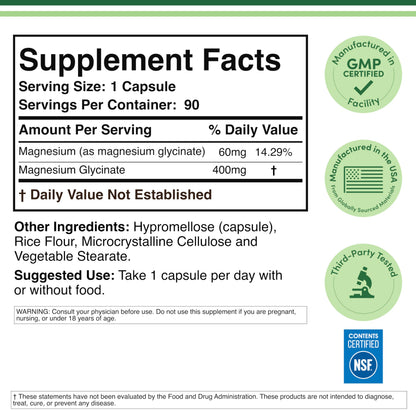 Magnesium Glycinate 400mg | 180 Capsules | Sleep, Muscle, & Heart Support | Vegan, Third Party Tested, Gluten Free, Non-GMO, by Double Wood Supplements
