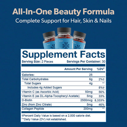 BIOMA Hair, Skin & Nails Beauty Gummies - Supports Growth & Strength with Biotin, Collagen, Zinc & Vitamins C & D - Gluten-Free - 60 Gummies (30-Day Supply)