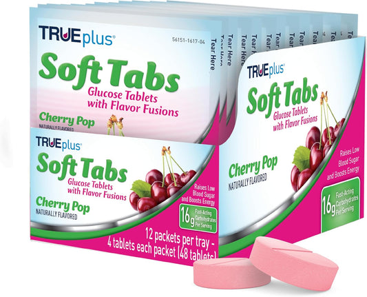 TRUEplus Soft Tabs Glucose Tablets, Cherry Pop Flavor, 4 Count, 12 Packs | Chewable Tablets, 16g Fast-Acting Carbohydrates, Fat Free, Gluten Free, Boosts Energy, Great Tasting and Easy to Use