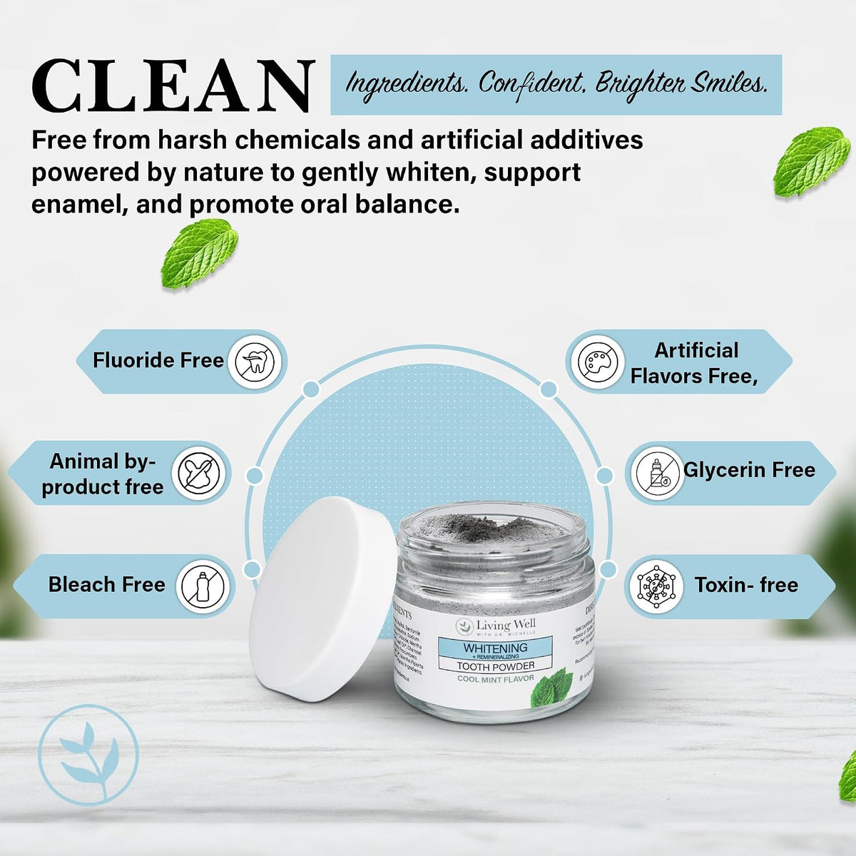 Living Well Dr. Michelle Remineralizing & Whitening Tooth Powder, Cool Mint