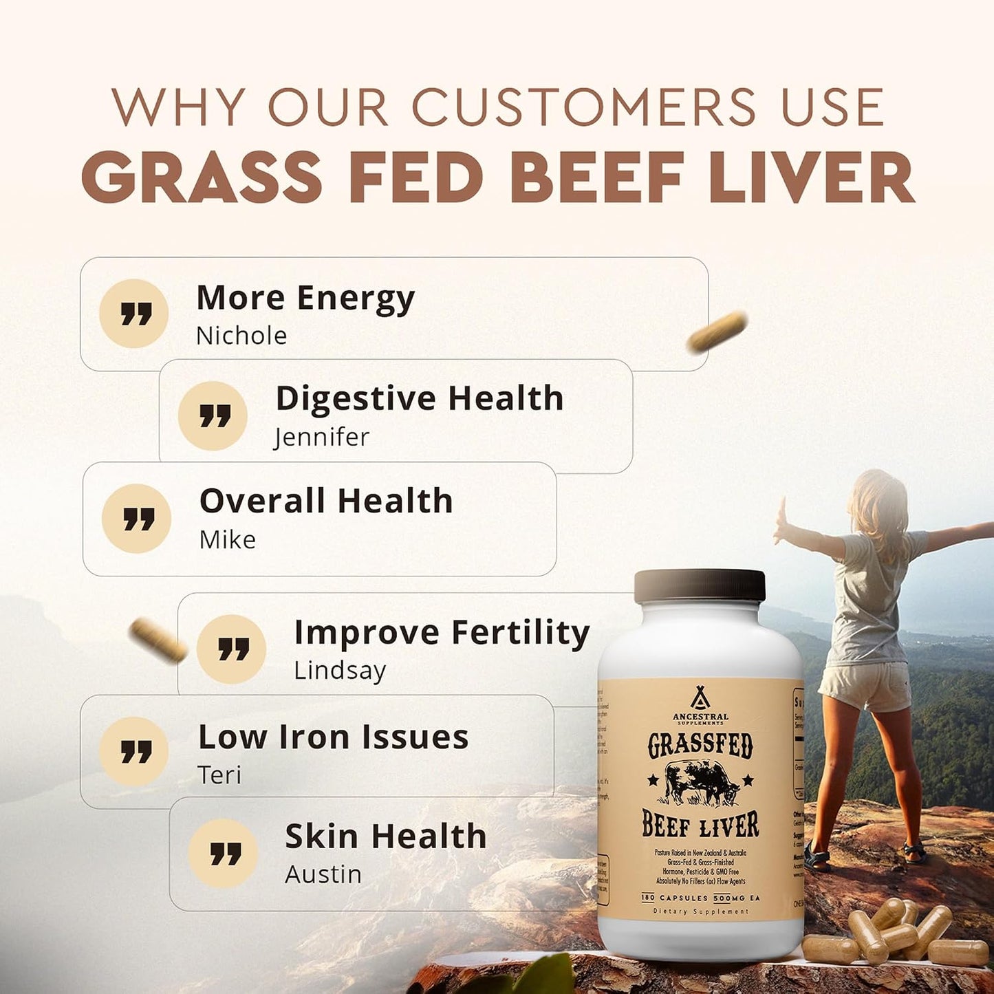 Ancestral Supplements Grass Fed Beef Liver Capsules, 180 Ct (3-Pack) | This freeze-dried beef liver supplement supports energy production, cleansing, digestion and immunity.