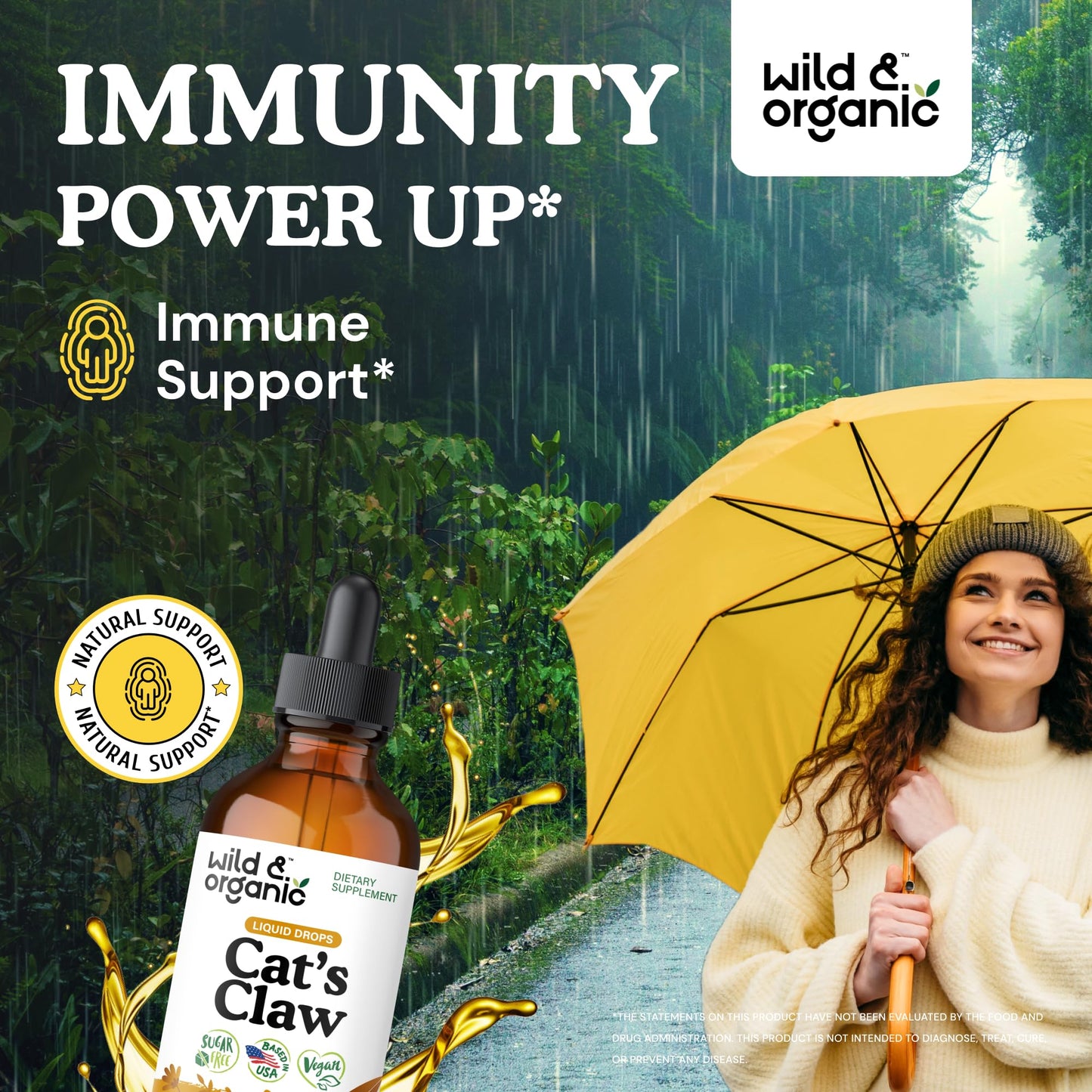 Wild & Organic Cats Claw Herb Supplement - Immune Support - Pure Cats Claw Tincture - Add to Tea Liquid Drops - Uncaria Tomentosa Bark - Vegan, Sugar & Alcohol-Free - 4 fl oz