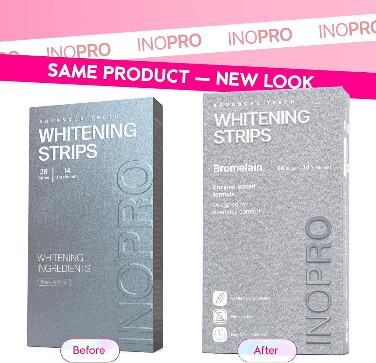 InoPro Natural Teeth Whitening Strips Kit 14 Treatments - Sensitive Teeth Whitener, Peroxide Free with Papain, Bromelain, Coconut Oil, White Strips for Teeth Whitening (28 Strips)