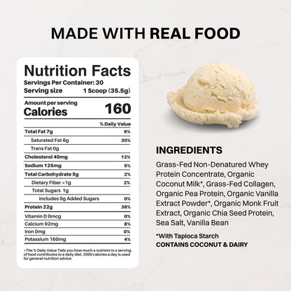 JUST INGREDIENTS Vanilla Bean Protein Powder – 20-Serving Blend with 100% Grass-Fed Whey & Organic Plant Proteins – Real Vanilla Bean & Cinnamon – Supports Muscle Recovery, Energy*