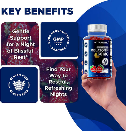 Vitamatic Sugar Free Melatonin 60 mg Per Serving - 60 Vegetarian Gummies | Non-Habit Forming High Potency Melatonin Supplement