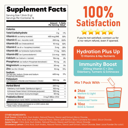Venture Pal Sugar Free Hydration Packets+Immune-Liquid Daily IV Drink Mix | Electrolyte Powder with 7 Electrolytes & 6 Vitamins, Probiotics + Elderberry | Non-GMO, Keto Friendly, Vegan | 16 Sticks