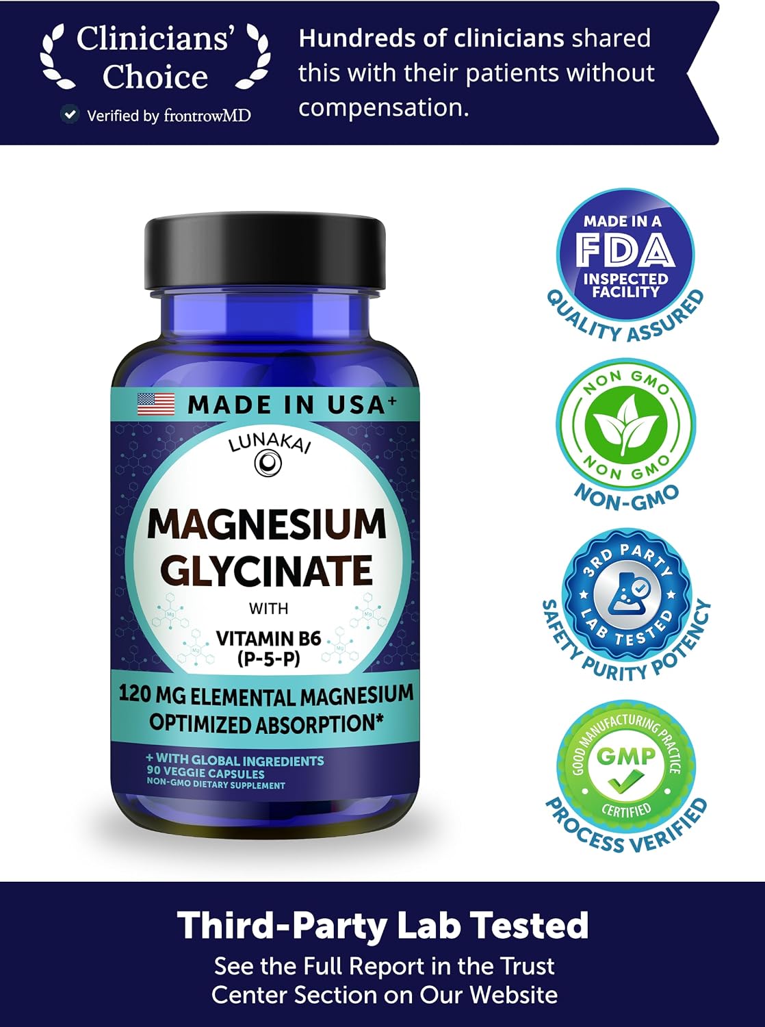 Lunakai USA Made Pure Magnesium Glycinate Capsules 120mg Elemental with B6 (P-5-P) – High Absorption Magnesium Supplement for Women & Men - Daily Sleep & Muscle Support, Non-GMO, 90ct
