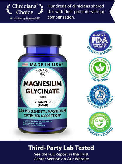 Lunakai USA Made Pure Magnesium Glycinate Capsules 120mg Elemental with B6 (P-5-P) – High Absorption Magnesium Supplement for Women & Men - Daily Sleep & Muscle Support, Non-GMO, 90ct