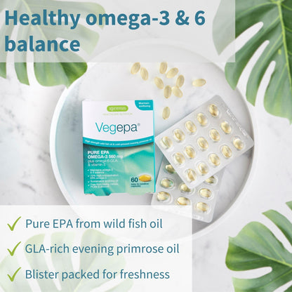 Igennus Vegepa Omega 3 Wild Fish Oil & Evening Primrose Oil Blend, 560 mg EPA Plus GLA, 60 Small Softgels