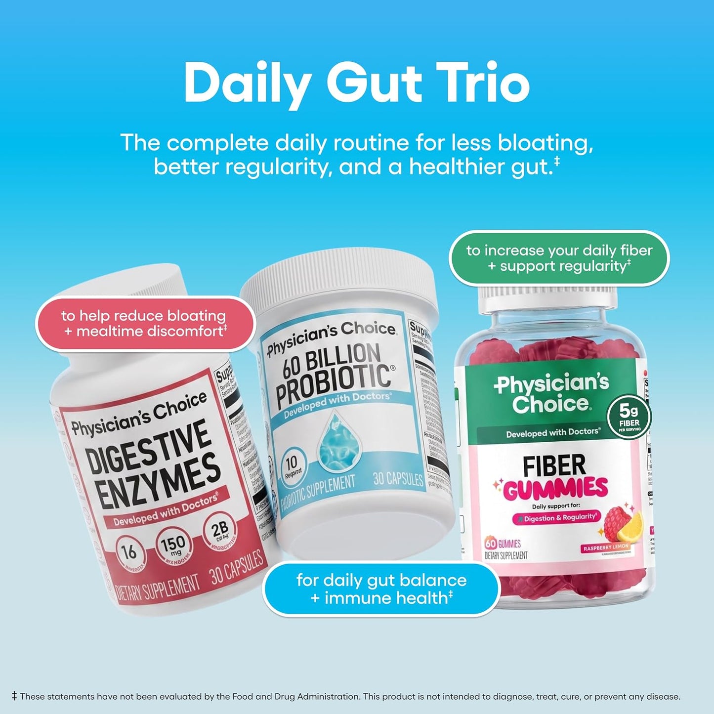 Physician's CHOICE Complete Gut Health Bundle for Bloating, Digestive Health, Immune, & GLP-1 Support - 60 Billion Probiotic 30CT + Digestive Enzymes 60CT + Prebiotic Fiber Gummies 60CT