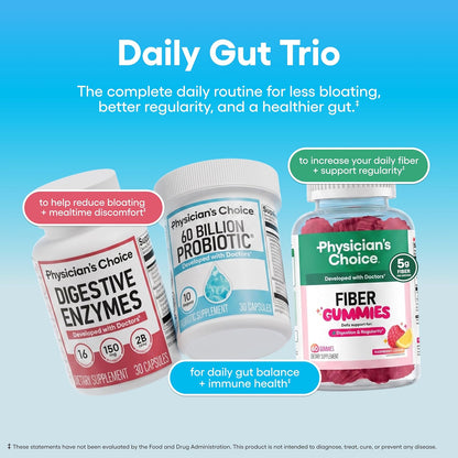 Physician's CHOICE Complete Gut Health Bundle for Bloating, Digestive Health, Immune, & GLP-1 Support - 60 Billion Probiotic 30CT + Digestive Enzymes 60CT + Prebiotic Fiber Gummies 60CT