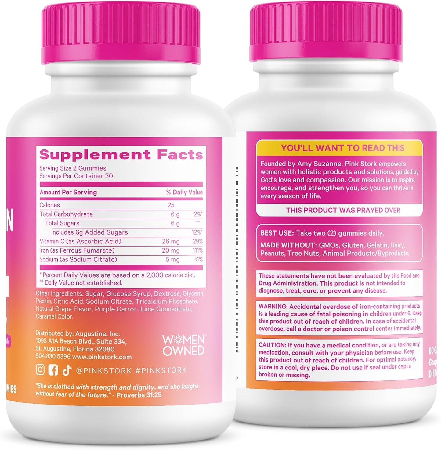 Pink Stork Prenatal Iron Supplement Gummies for Women - 20 mg with Vitamin C - Grape Chewable for Deficiency, Energy, & Blood Builder - 60 Gummy Chews
