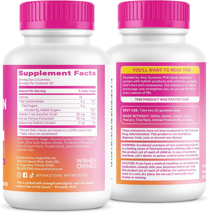 Pink Stork Prenatal Iron Supplement Gummies for Women - 20 mg with Vitamin C - Grape Chewable for Deficiency, Energy, & Blood Builder - 60 Gummy Chews