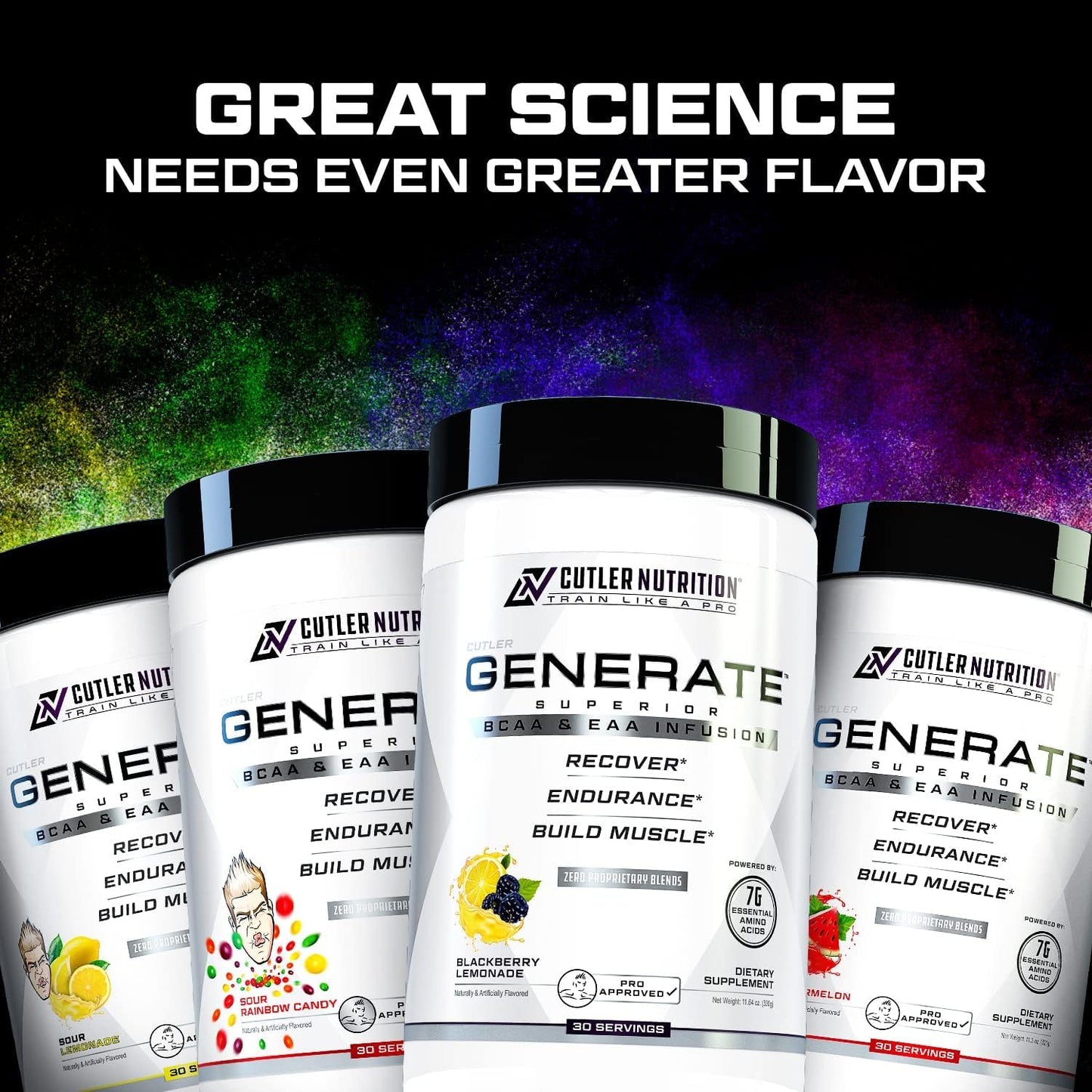 Cutler Nutrition Generate Sour Rainbow Candy BCAA EAA Powder, 30 Servings | 12.95 oz | 5g BCAAs and 2g EAAs per serving for post-workout recovery, hydration, lean muscle support and protein synthesis