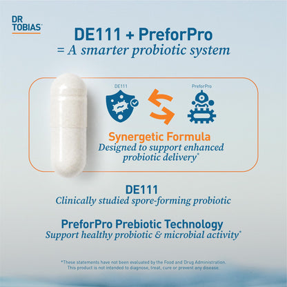 Dr. Tobias Deep Immune Probiotic + Prebiotic 60 Capsules | Gut Health | Dual Action Gut & Immune Support | DE111 Spore Forming Probiotics + PreforPro | Targeted Release | Shelf Stable | 30 Servings
