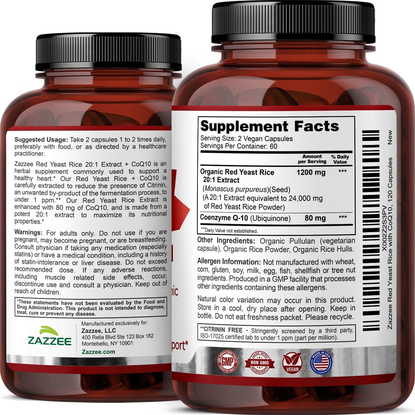 Zazzee Organic Red Yeast Rice 20:1 Extract with CoQ10, Citrinin-Free, 1200 mg per Serving, 80 mg CoQ10, 120 Vegan Capsules, Healthy Heart & Cardiovascular Support, Non-GMO, Made in the USA