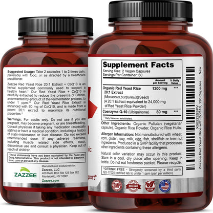 Zazzee Organic Red Yeast Rice 20:1 Extract with CoQ10, Citrinin-Free, 1200 mg per Serving, 80 mg CoQ10, 120 Vegan Capsules, Healthy Heart & Cardiovascular Support, Non-GMO, Made in the USA