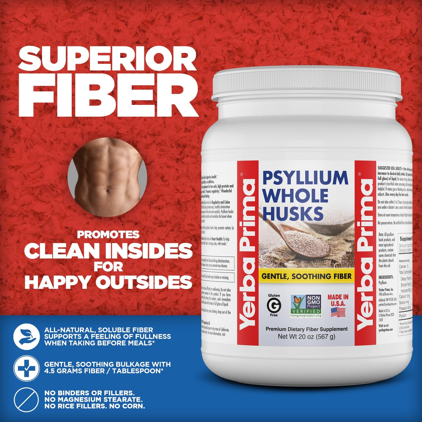Yerba Prima Psyllium Whole Husks Fiber Supplement 20oz - Colon Cleanse - Gut Health - Vegan Non-GMO Gluten Free
