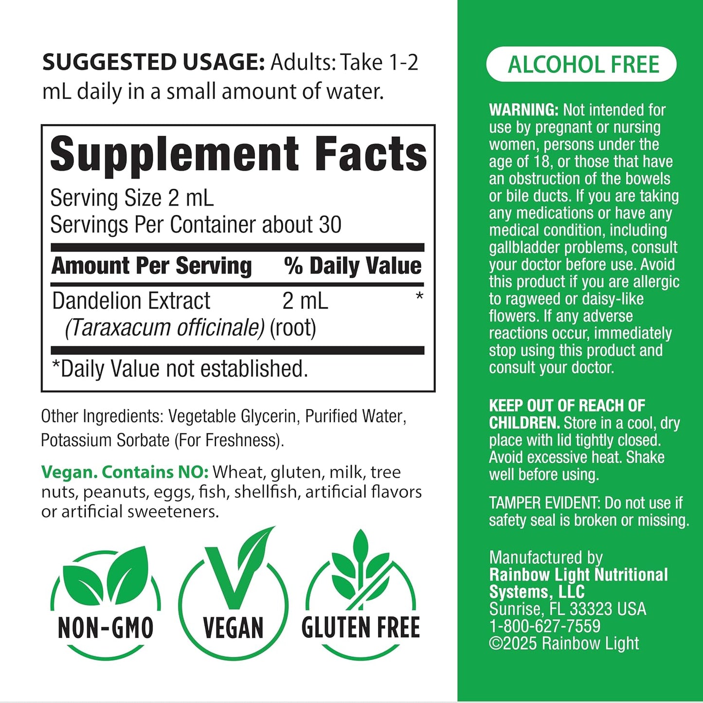 Rainbow Light Dandelion Root Extract Supplement | 2 Fl Oz | Super Concentrated | Alcohol Free | Non-GMO and Gluten Free